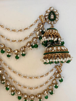 Antique Green Bahubali Pearl Jhumka Earrings Set/Jhumka with Double Chain Sahare /Indian Wedding Earrings