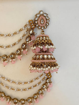 Antique Baby Pink Bahubali Pearl Jhumka Earrings Set/Jhumka with Double Chain Sahare /Indian Wedding Earrings