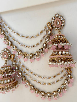 Antique Baby Pink Bahubali Pearl Jhumka Earrings Set/Jhumka with Double Chain Sahare /Indian Wedding Earrings