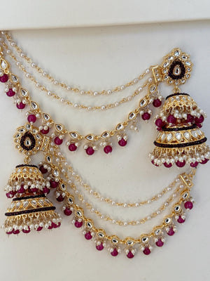 Dark Purple Bahubali Kundan Pearl Jhumka Earrings Set/Jhumka with Double Chain Sahare /Indian Wedding Earrings