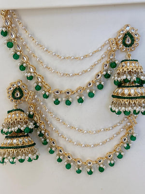 Green Bahubali Kundan Pearl Jhumka Earrings Set/Jhumka with Double Chain Sahare /Indian Wedding Earrings