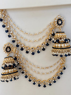 Blue Bahubali Kundan Pearl Jhumka Earrings Set/Jhumka with Double Chain Sahare /Indian Wedding Earrings