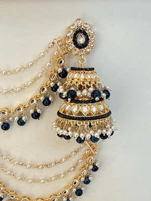 Blue Bahubali Kundan Pearl Jhumka Earrings Set/Jhumka with Double Chain Sahare /Indian Wedding Earrings