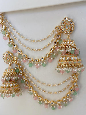 Mint Pink Bahubali Kundan Pearl Jhumka Earrings Set/Jhumka with Double Chain Sahare /Indian Wedding Earrings