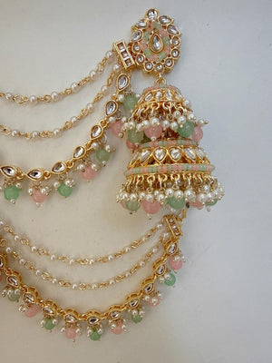 Mint Pink Bahubali Kundan Pearl Jhumka Earrings Set/Jhumka with Double Chain Sahare /Indian Wedding Earrings