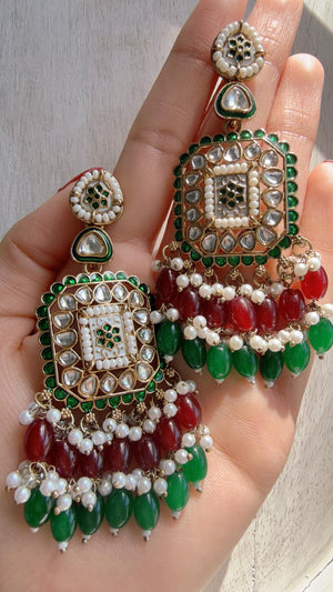 Ruby Green Kundan Chandbali Earrings | Indian Bridal Chandbali | Traditional Wedding Jewelry | Statement Kundan Earrings