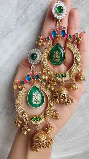 Amrapalli-Style Chandbali Doublet Stone Jhumka Earrings | Antique Gold Kashmiri Jhumka | Statement Indian Bridal Temple Jewelry