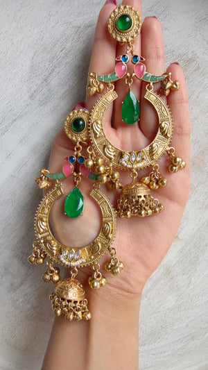 Amrapalli-Style Chandbali Doublet Stone Jhumka Earrings | Antique Gold Kashmiri Jhumka | Statement Indian Bridal Temple Jewelry