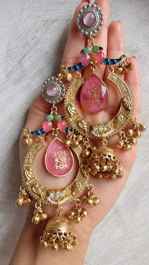 Amrapalli-Style Chandbali Doublet Stone Jhumka Earrings | Antique Gold Kashmiri Jhumka | Statement Indian Bridal Temple Jewelry