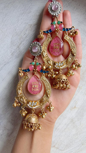 Amrapalli-Style Chandbali Doublet Stone Jhumka Earrings | Antique Gold Kashmiri Jhumka | Statement Indian Bridal Temple Jewelry