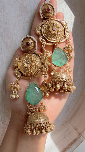 Antique Gold Kashmiri Jhumka Earrings | Statement Indian Bridal Earrings | Temple Style Wedding Jewelry