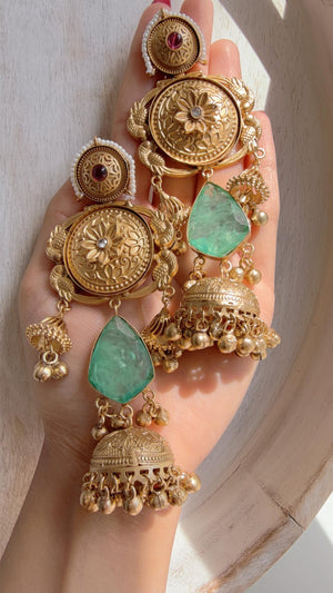 Antique Gold Kashmiri Jhumka Earrings | Statement Indian Bridal Earrings | Temple Style Wedding Jewelry