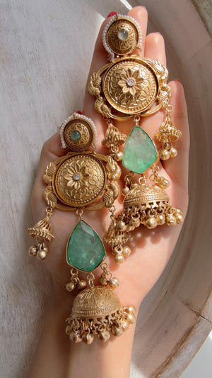 Antique Gold Kashmiri Jhumka Earrings | Statement Indian Bridal Earrings | Temple Style Wedding Jewelry