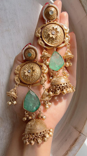 Antique Gold Kashmiri Jhumka Earrings | Statement Indian Bridal Earrings | Temple Style Wedding Jewelry