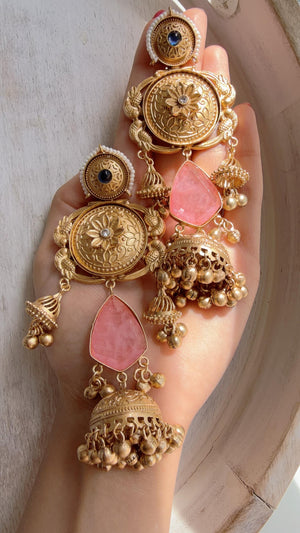 Antique Gold Kashmiri Jhumka Earrings | Statement Indian Bridal Earrings | Temple Style Wedding Jewelry