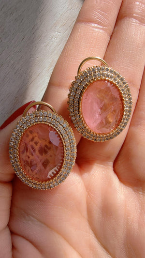 Light Peach Precious Doublet Stud Earrings | Moissanite Diamond Kundan Statement Studs - Aditi