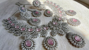 Baby Pink Rhodium Bridal Necklace Set with Earrings and Maang Tikka | CZ Indian Wedding Jewelry | Statement Necklace - Kajol