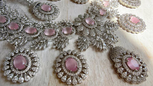 Baby Pink Rhodium Bridal Necklace Set with Earrings and Maang Tikka | CZ Indian Wedding Jewelry | Statement Necklace - Kajol