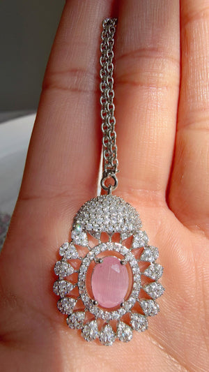 Baby Pink Rhodium Bridal Necklace Set with Earrings and Maang Tikka | CZ Indian Wedding Jewelry | Statement Necklace - Kajol