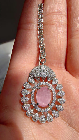 Baby Pink Rhodium Bridal Necklace Set with Earrings and Maang Tikka | CZ Indian Wedding Jewelry | Statement Necklace - Kajol