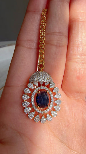 Blue 2 Tone Bridal Necklace Set with Earrings and Maang Tikka | CZ Indian Wedding Jewelry | Statement Necklace - Kajol