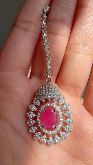 Pink Rhodium Bridal Necklace Set with Earrings and Maang Tikka | CZ Indian Wedding Jewelry | Statement Necklace - Kajol