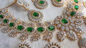 Emerald Green 2 Tone Bridal Necklace Set with Earrings and Maang Tikka | CZ Indian Wedding Jewelry | Statement Necklace - Kajol