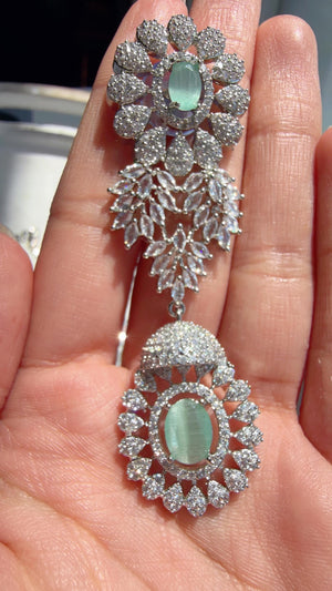 Mint Rhodium Bridal Necklace Set with Earrings and Maang Tikka | CZ Indian Wedding Jewelry | Statement Necklace - Kajol