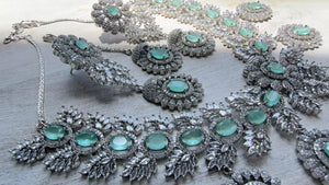 Mint Rhodium Bridal Necklace Set with Earrings and Maang Tikka | CZ Indian Wedding Jewelry | Statement Necklace - Kajol