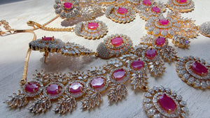Ruby 2 Tone Bridal Necklace Set with Earrings and Maang Tikka | CZ Indian Wedding Jewelry | Statement Necklace - Kajol