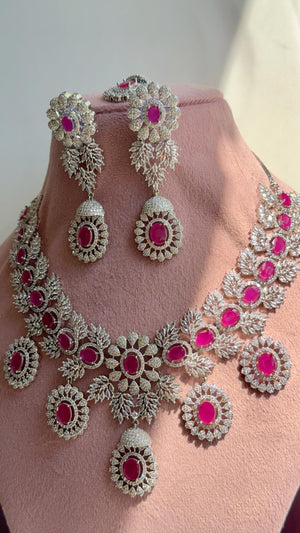 Ruby 2 Tone Bridal Necklace Set with Earrings and Maang Tikka | CZ Indian Wedding Jewelry | Statement Necklace - Kajol