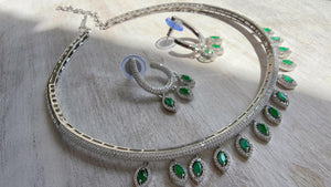Emerald Green Moissanite CZ hasli Necklace Set | Silver Tone Indian Bridal Jewelry | Statement Wedding Collar Necklace