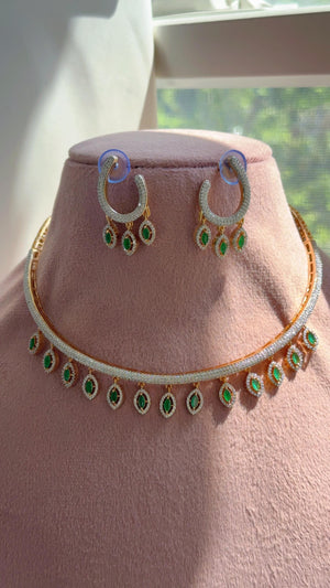Emerald Green Moissanite CZ hasli Necklace Set | 2 Tone Indian Bridal Jewelry | Statement Wedding Collar Necklace