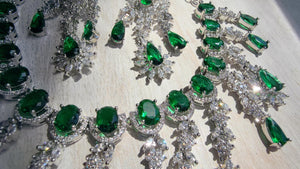 Green Emerald CZ Statement Necklace Set | Silver Tone Indian Bridal Jewelry | Wedding & Reception Necklace