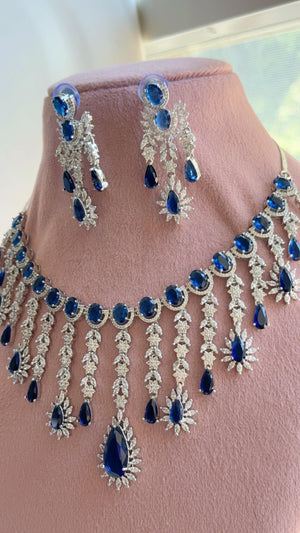 Blue Sapphire CZ Statement Necklace Set | Silver Tone Indian Bridal Jewelry | Wedding & Reception Necklace