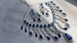 Blue Sapphire CZ Statement Necklace Set | Silver Tone Indian Bridal Jewelry | Wedding & Reception Necklace