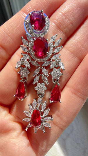 Ruby CZ Statement Necklace Set | Silver Tone Indian Bridal Jewelry | Wedding & Reception Necklace