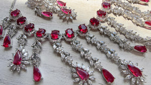 Ruby CZ Statement Necklace Set | Silver Tone Indian Bridal Jewelry | Wedding & Reception Necklace
