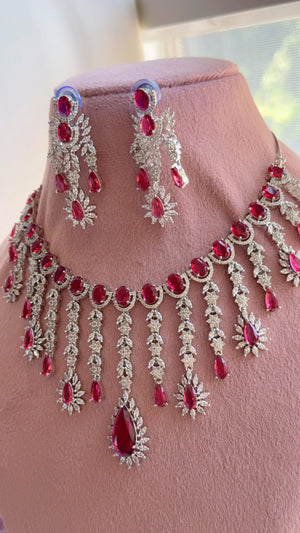 Ruby CZ Statement Necklace Set | Silver Tone Indian Bridal Jewelry | Wedding & Reception Necklace