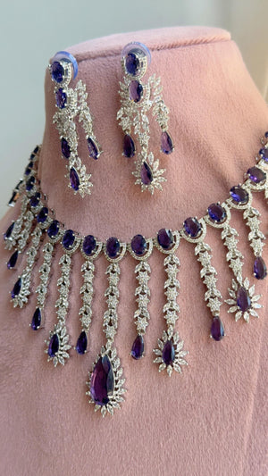 CZ Statement Purple Necklace Set | Silver Tone Indian Bridal Jewelry | Wedding & Reception Necklace