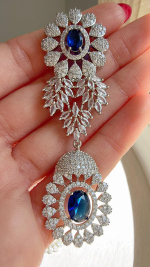 Rhodium Bridal Blue Sapphire Necklace Set with Earrings and Maang Tikka | CZ Indian Wedding Jewelry | Statement Necklace - Kajol