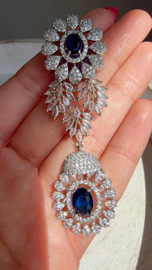 Rhodium Bridal Blue Sapphire Necklace Set with Earrings and Maang Tikka | CZ Indian Wedding Jewelry | Statement Necklace - Kajol