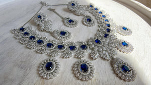Rhodium Bridal Blue Sapphire Necklace Set with Earrings and Maang Tikka | CZ Indian Wedding Jewelry | Statement Necklace - Kajol