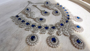 Rhodium Bridal Blue Sapphire Necklace Set with Earrings and Maang Tikka | CZ Indian Wedding Jewelry | Statement Necklace - Kajol
