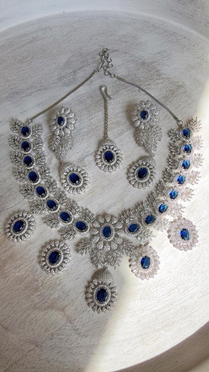 Rhodium Bridal Blue Sapphire Necklace Set with Earrings and Maang Tikka | CZ Indian Wedding Jewelry | Statement Necklace - Kajol