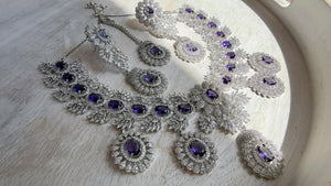 Rhodium Bridal Purple Necklace Set with Earrings and Maang Tikka | CZ Indian Wedding Jewelry | Statement Necklace - Kajol