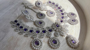 Rhodium Bridal Purple Necklace Set with Earrings and Maang Tikka | CZ Indian Wedding Jewelry | Statement Necklace - Kajol