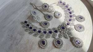 Rhodium Bridal Purple Necklace Set with Earrings and Maang Tikka | CZ Indian Wedding Jewelry | Statement Necklace - Kajol