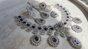 Rhodium Bridal Purple Necklace Set with Earrings and Maang Tikka | CZ Indian Wedding Jewelry | Statement Necklace - Kajol