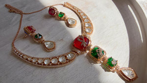 Classical Modern Kundan Ruby Green Hasli Necklace Set | Indian Bridal Hasli | Statement Wedding Jewelry - Niyati